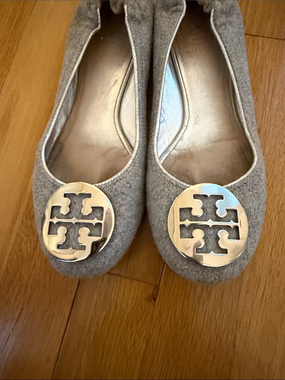 Tory Burch Light Gray Suede Logo Ballet Flats